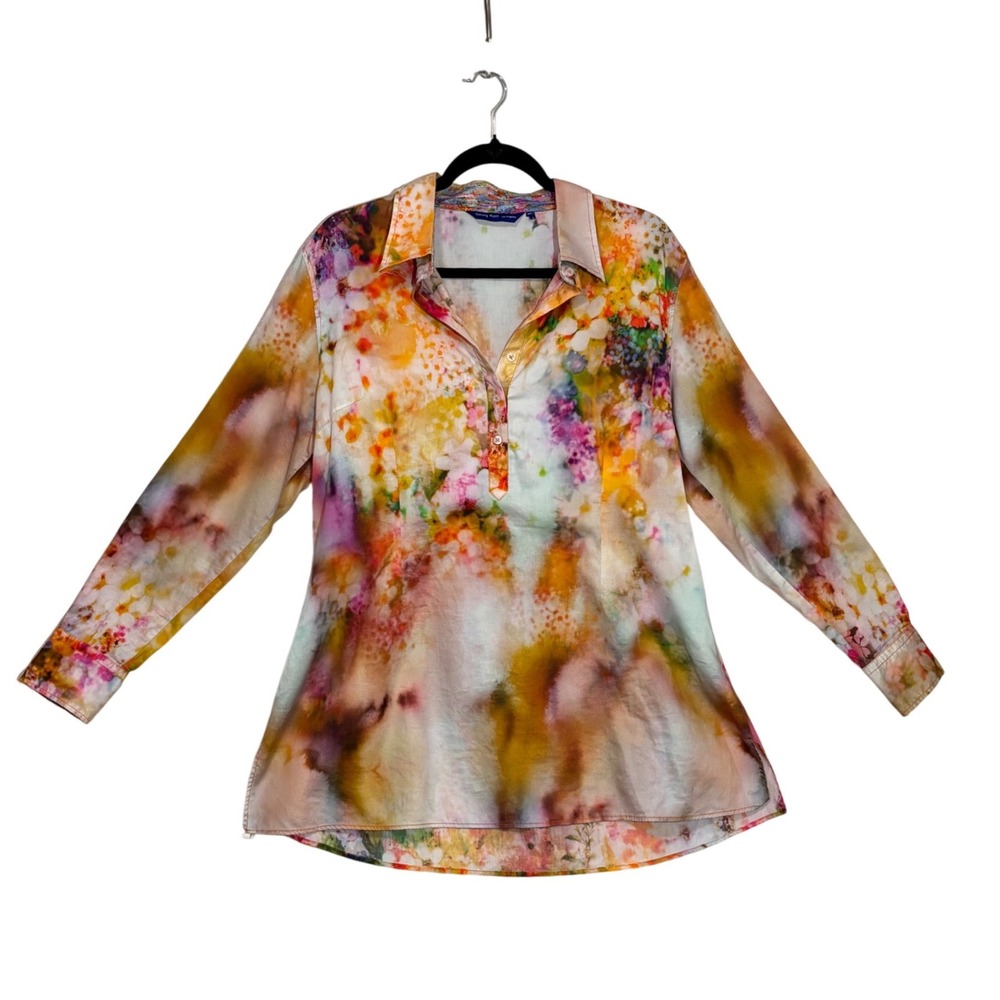 Georg Roth Los Angeles - XL Watercolor Floral Cotton Tunic Blouse Orange Purple